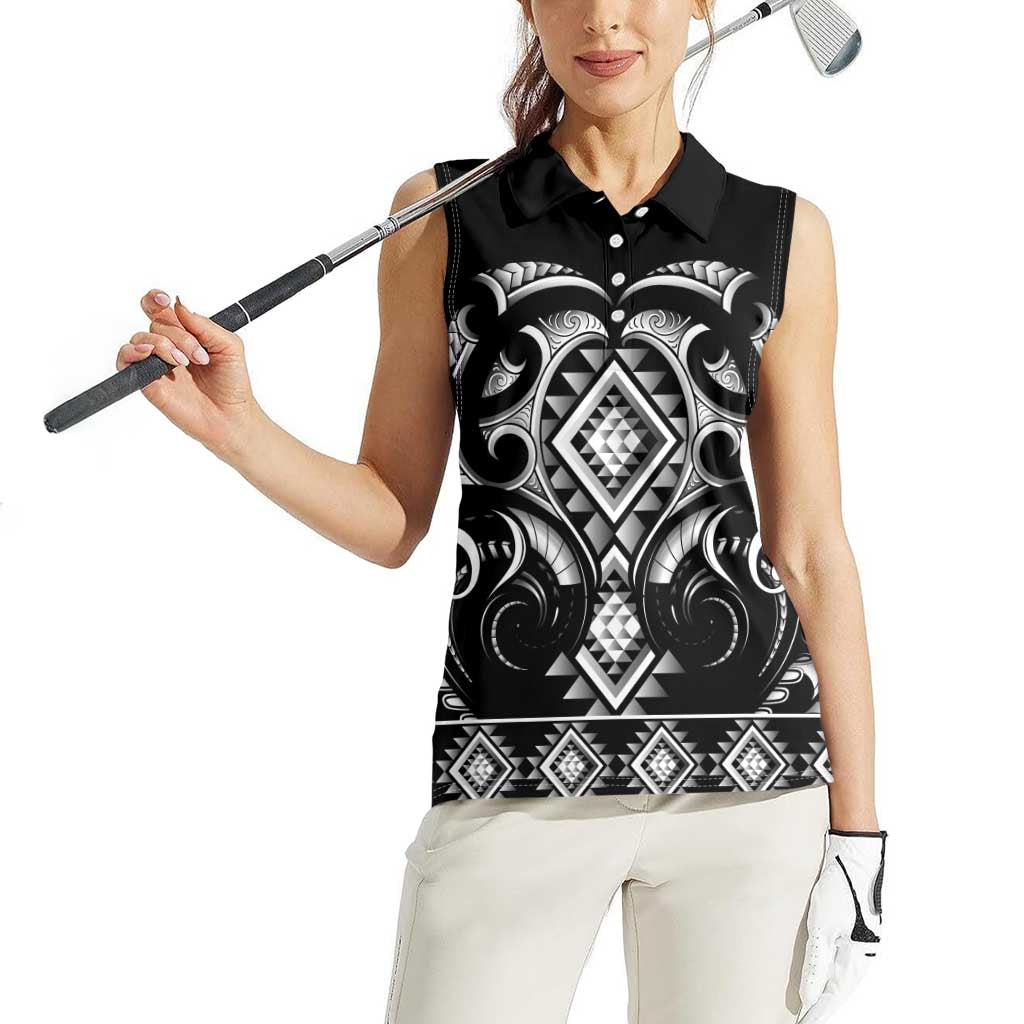 Black Ngaru Taniko With Aotearoa Maori Tattoo Women Sleeveless Polo Shirt