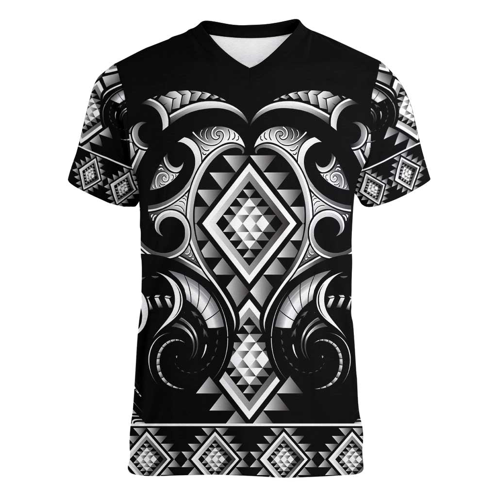 Black Ngaru Taniko With Aotearoa Maori Tattoo Women V-Neck T-Shirt LT14 Female Black - Polynesian Pride