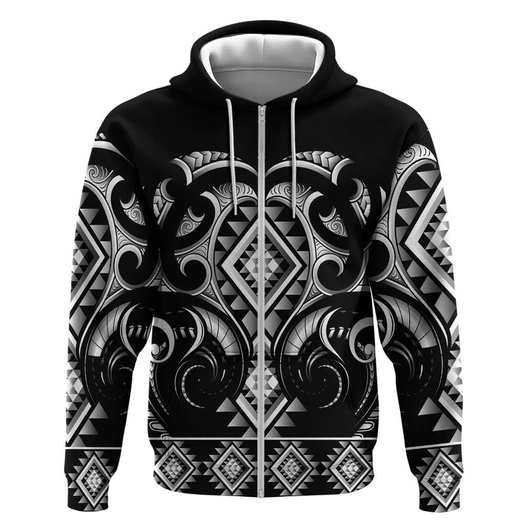 Black Ngaru Taniko With Aotearoa Maori Tattoo Zip Hoodie