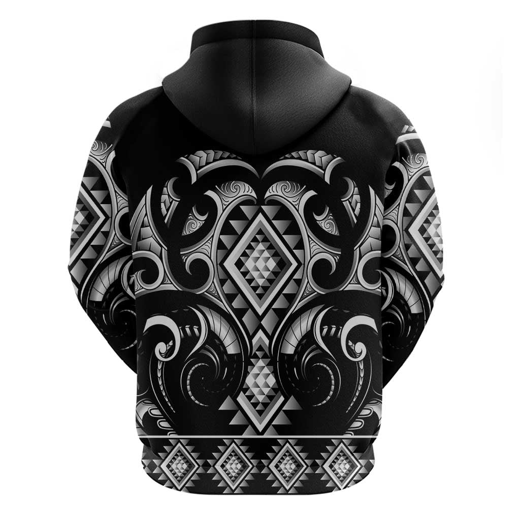 Black Ngaru Taniko With Aotearoa Maori Tattoo Zip Hoodie