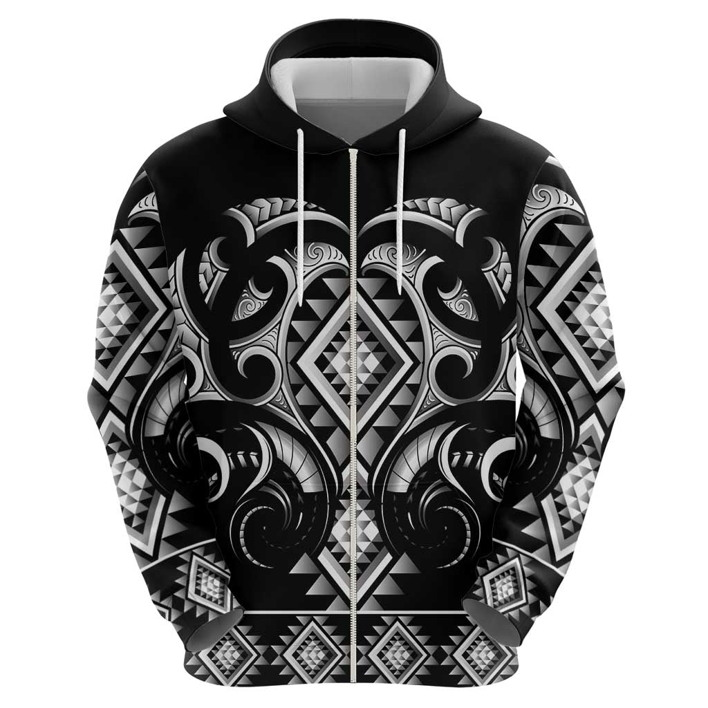 Black Ngaru Taniko With Aotearoa Maori Tattoo Zip Hoodie