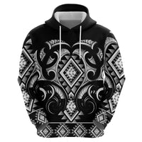 Black Ngaru Taniko With Aotearoa Maori Tattoo Zip Hoodie