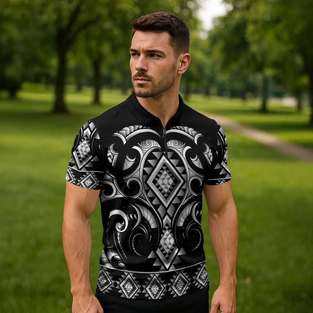 Black Ngaru Taniko With Aotearoa Maori Tattoo Zipper Polo Shirt - Polynesian Pride