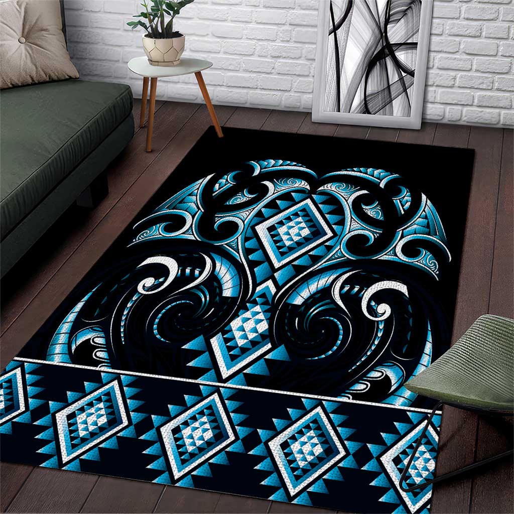 Blue Ngaru Taniko With Aotearoa Maori Tattoo Area Rug
