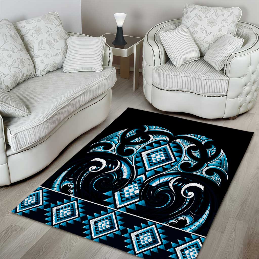 Blue Ngaru Taniko With Aotearoa Maori Tattoo Area Rug