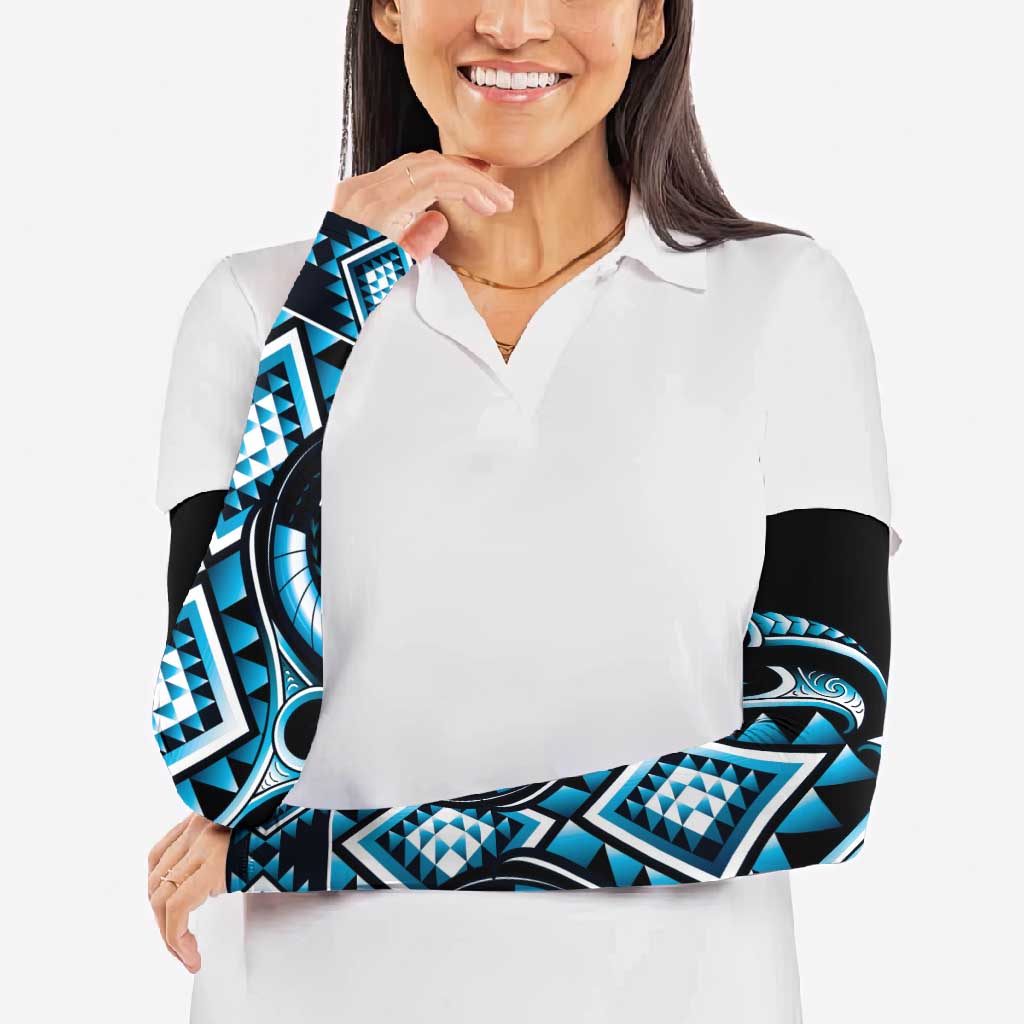Blue Ngaru Taniko With Aotearoa Maori Tattoo Arm Sleeves - Polynesian Pride