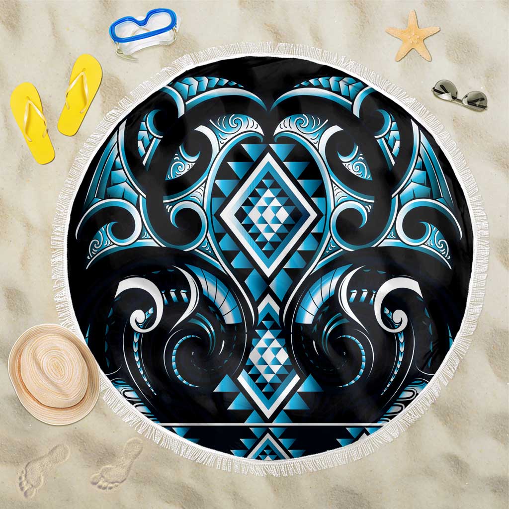 Blue Ngaru Taniko With Aotearoa Maori Tattoo Beach Blanket LT14 One Size 150cm Blue - Polynesian Pride