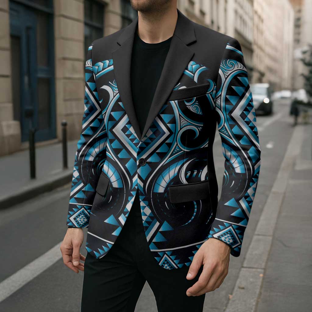 Blue Ngaru Taniko With Aotearoa Maori Tattoo Blazer - Polynesian Pride