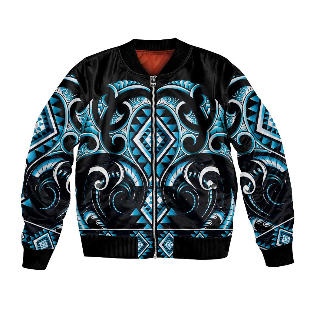 Blue Ngaru Taniko With Aotearoa Maori Tattoo Bomber Jacket