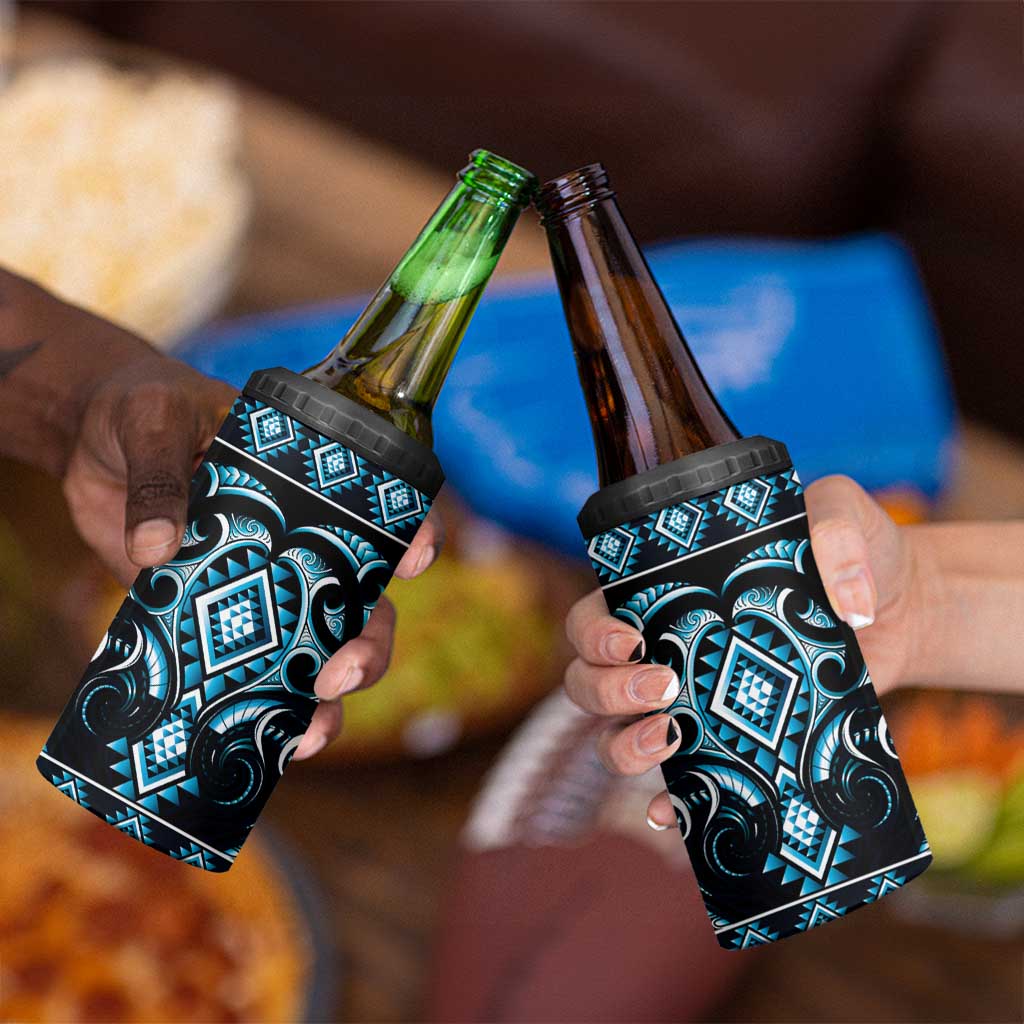 Blue Ngaru Taniko With Aotearoa Maori Tattoo 4 in 1 Can Cooler Tumbler