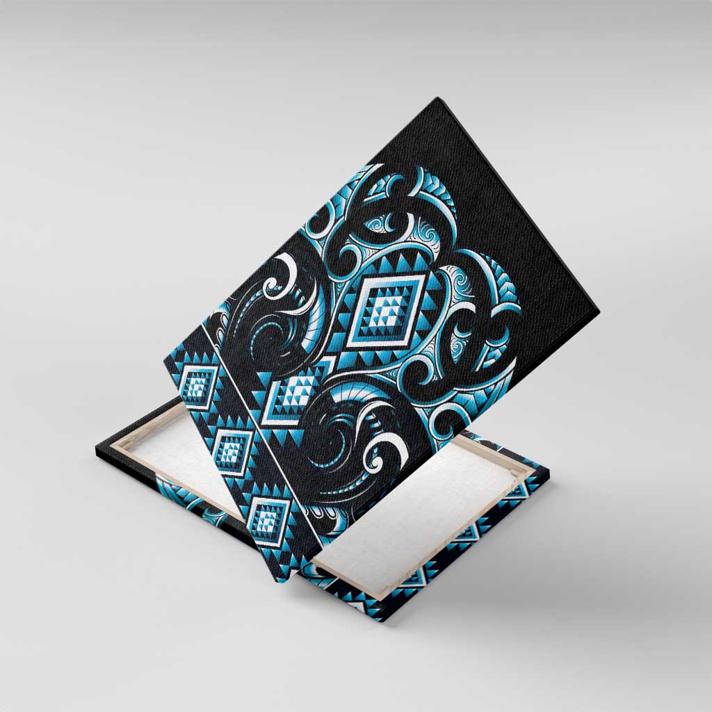 Blue Ngaru Taniko With Aotearoa Maori Tattoo Canvas Wall Art LT14 With Frame Blue - Polynesian Pride