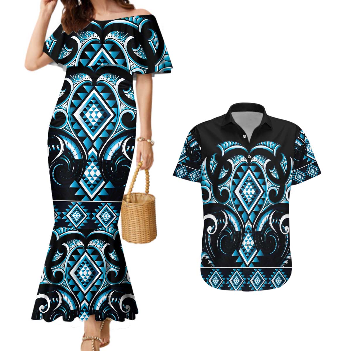 Blue Ngaru Taniko With Aotearoa Maori Tattoo Couples Matching Mermaid Dress and Hawaiian Shirt