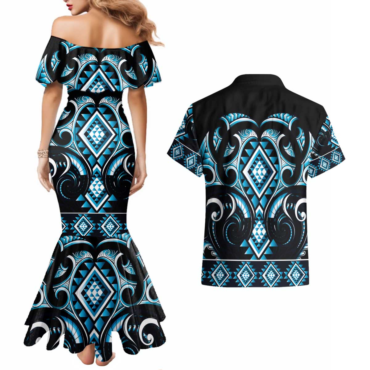 Blue Ngaru Taniko With Aotearoa Maori Tattoo Couples Matching Mermaid Dress and Hawaiian Shirt