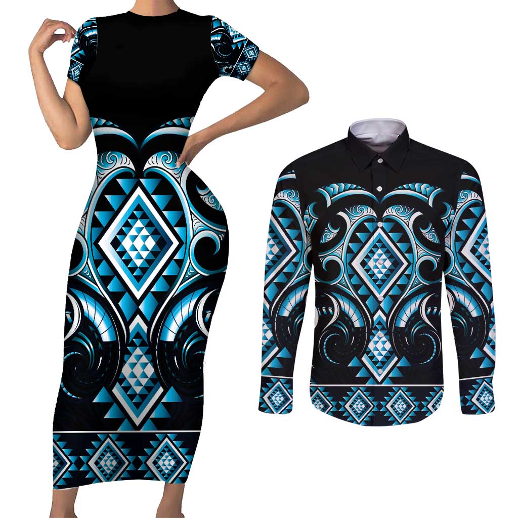 Blue Ngaru Taniko With Aotearoa Maori Tattoo Couples Matching Short Sleeve Bodycon Dress and Long Sleeve Button Shirt