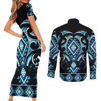 Blue Ngaru Taniko With Aotearoa Maori Tattoo Couples Matching Short Sleeve Bodycon Dress and Long Sleeve Button Shirt