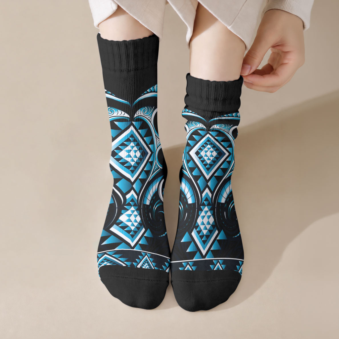 Blue Ngaru Taniko With Aotearoa Maori Tattoo Crew Socks