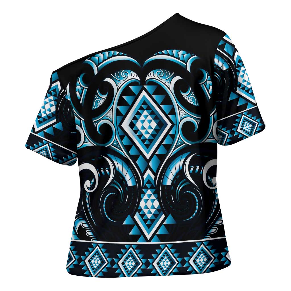Blue Ngaru Taniko With Aotearoa Maori Tattoo Cross Shoulder Shirt - Polynesian Pride