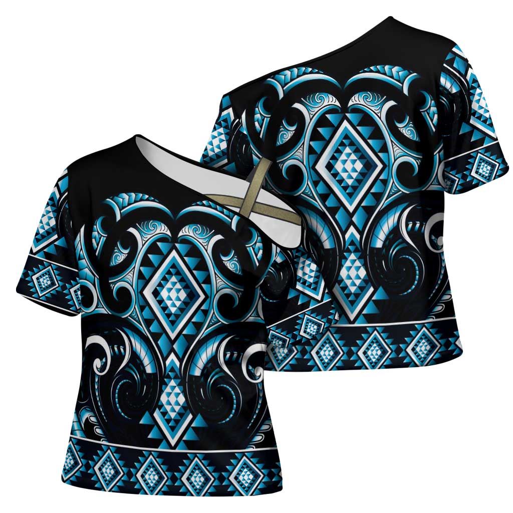 Blue Ngaru Taniko With Aotearoa Maori Tattoo Cross Shoulder Shirt - Polynesian Pride