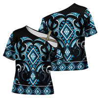Blue Ngaru Taniko With Aotearoa Maori Tattoo Cross Shoulder Shirt - Polynesian Pride