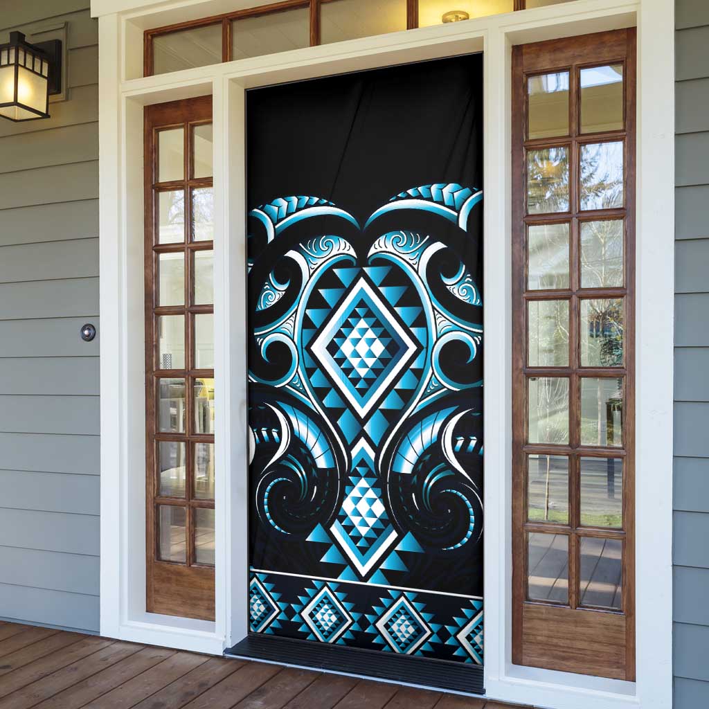 Blue Ngaru Taniko With Aotearoa Maori Tattoo Door Cover - Polynesian Pride