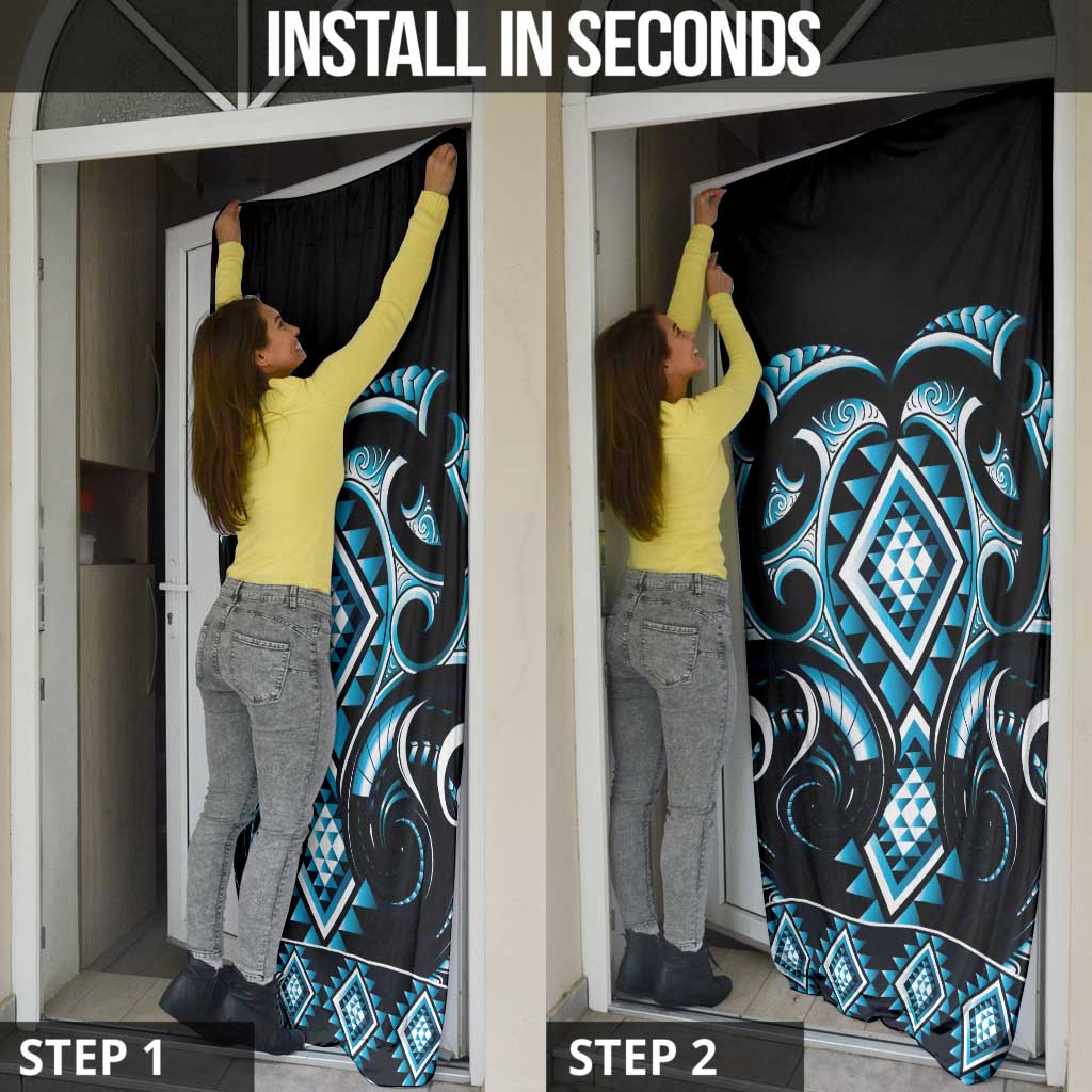 Blue Ngaru Taniko With Aotearoa Maori Tattoo Door Cover - Polynesian Pride