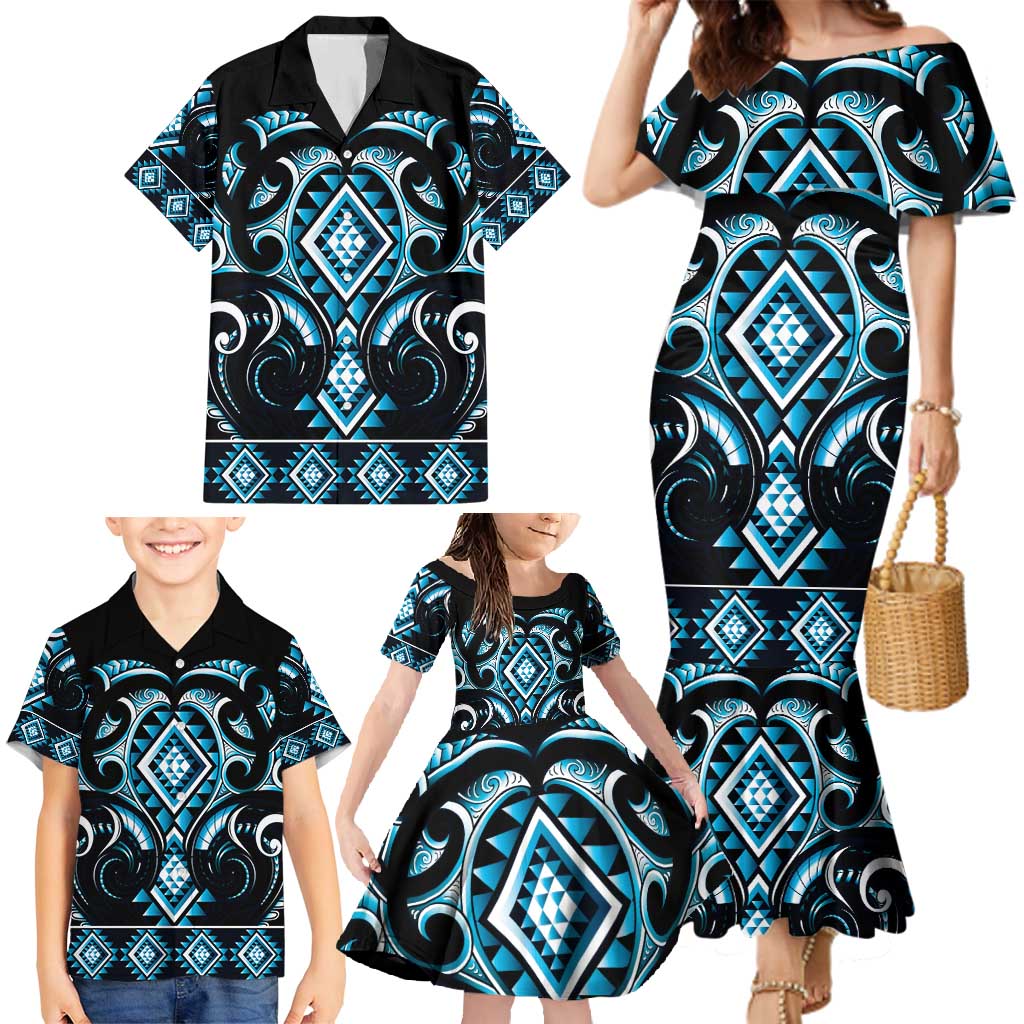 Blue Ngaru Taniko With Aotearoa Maori Tattoo Family Matching Mermaid Dress and Hawaiian Shirt