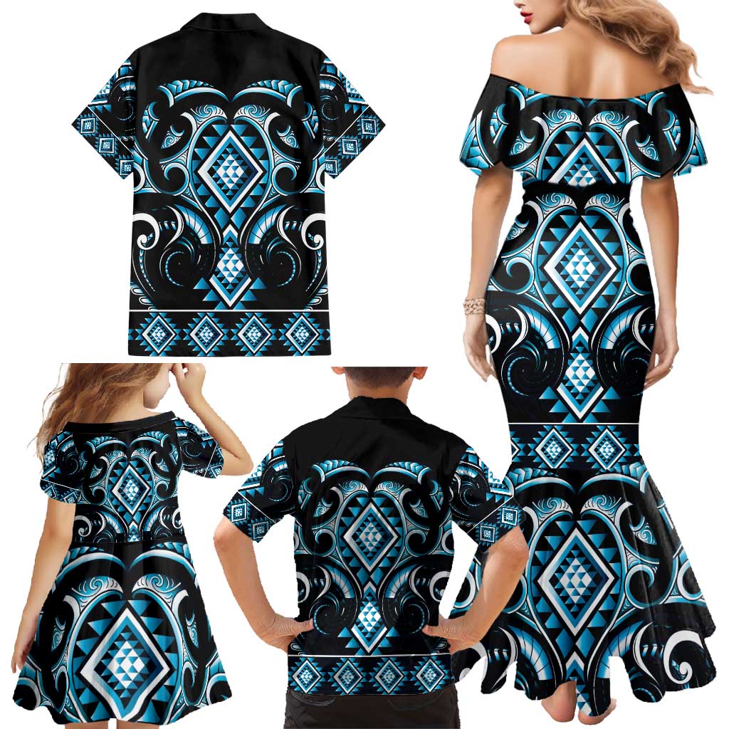 Blue Ngaru Taniko With Aotearoa Maori Tattoo Family Matching Mermaid Dress and Hawaiian Shirt