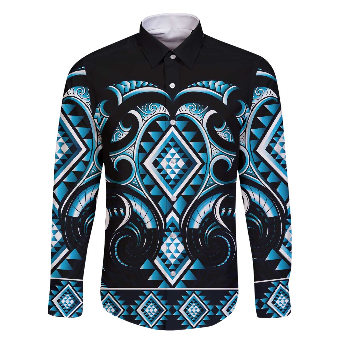 Blue Ngaru Taniko With Aotearoa Maori Tattoo Family Matching Off The Shoulder Long Sleeve Dress and Hawaiian Shirt