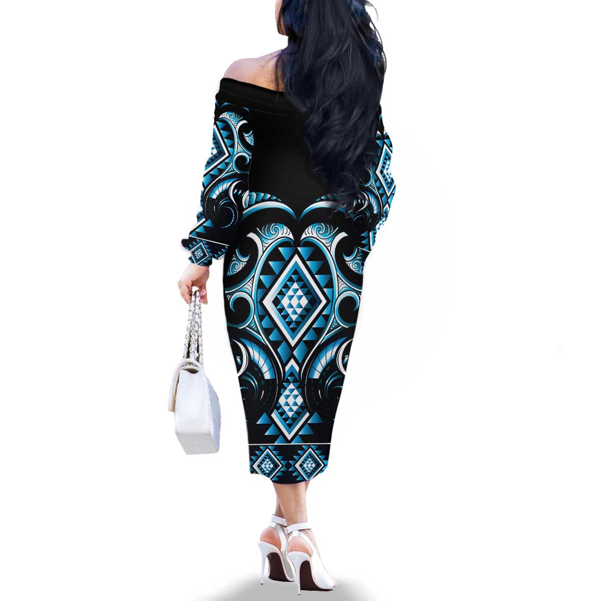 Blue Ngaru Taniko With Aotearoa Maori Tattoo Family Matching Off The Shoulder Long Sleeve Dress and Hawaiian Shirt