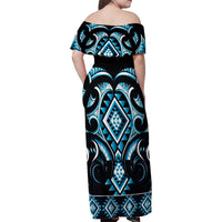 Blue Ngaru Taniko With Aotearoa Maori Tattoo Family Matching Off Shoulder Maxi Dress and Hawaiian Shirt