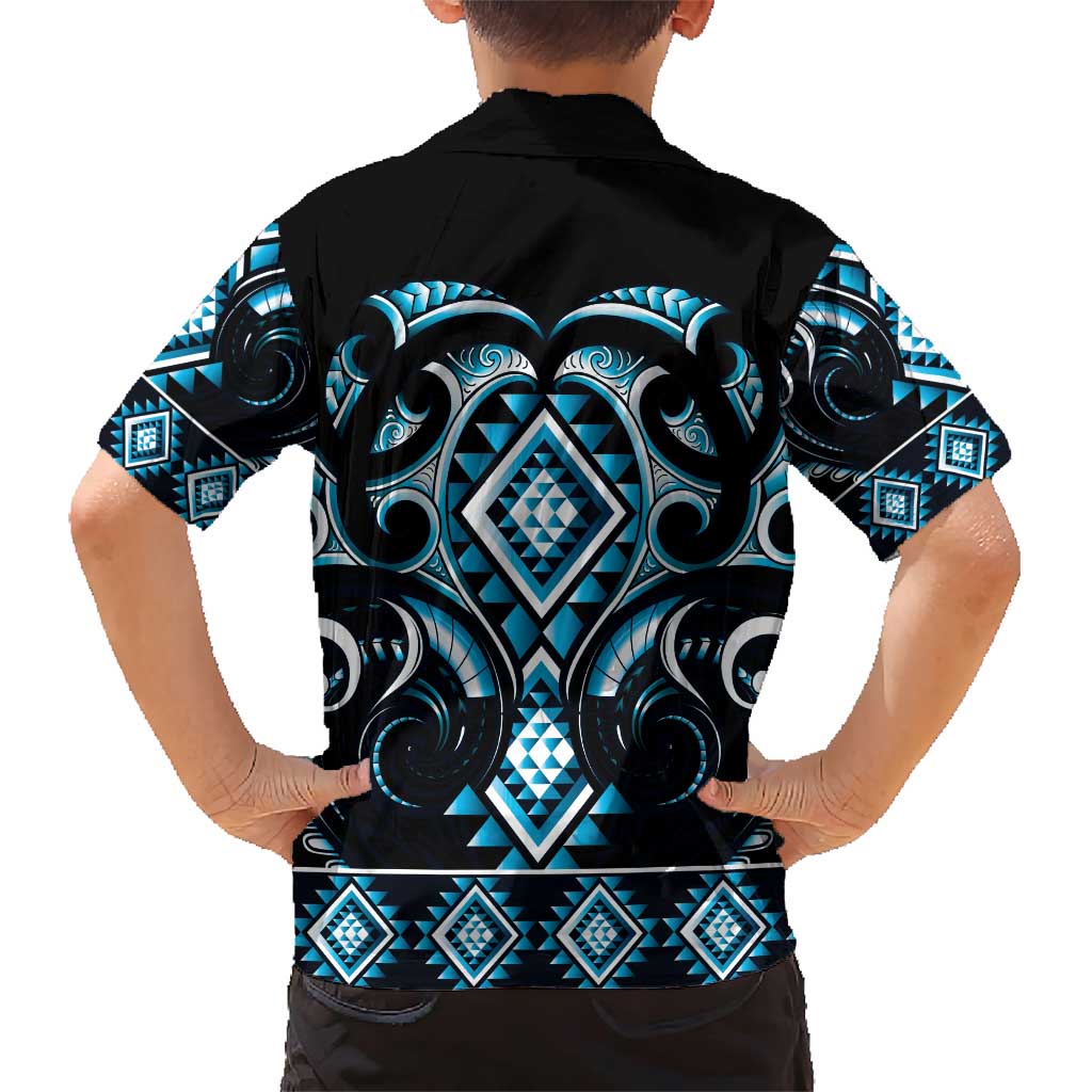 Blue Ngaru Taniko With Aotearoa Maori Tattoo Family Matching Short Sleeve Bodycon Dress and Hawaiian Shirt