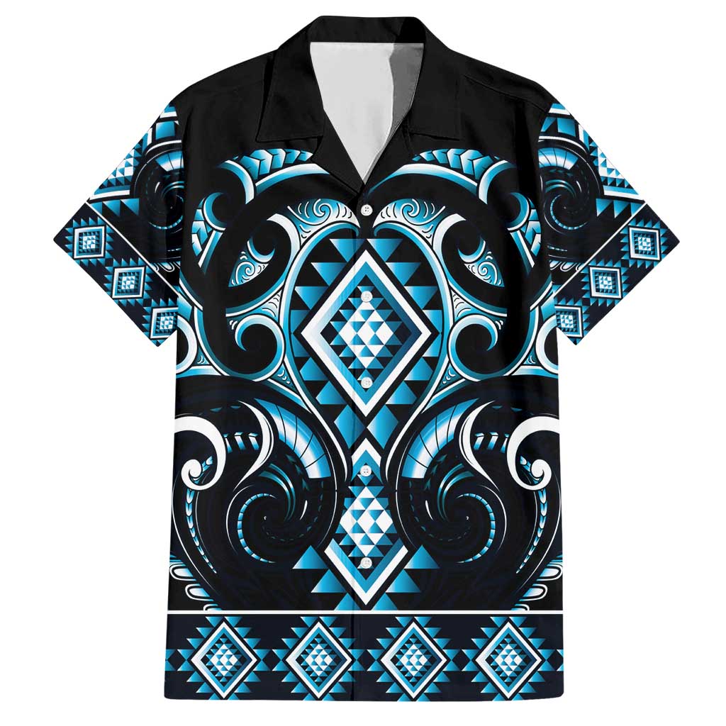 Blue Ngaru Taniko With Aotearoa Maori Tattoo Family Matching Short Sleeve Bodycon Dress and Hawaiian Shirt