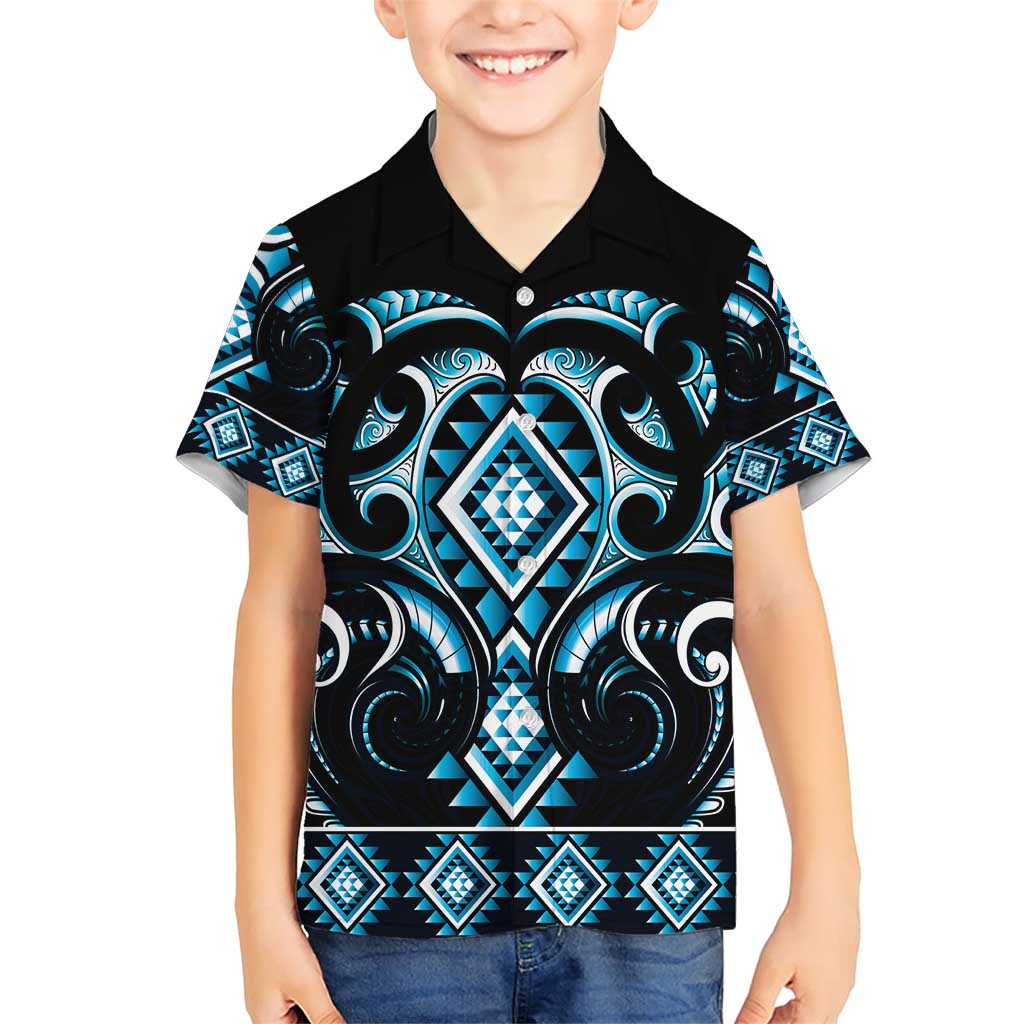 Blue Ngaru Taniko With Aotearoa Maori Tattoo Family Matching Short Sleeve Bodycon Dress and Hawaiian Shirt