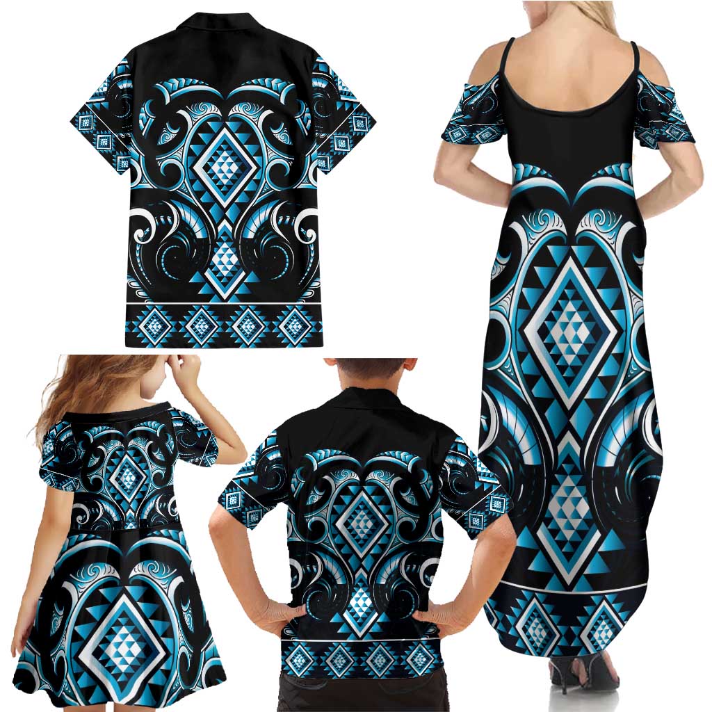 Blue Ngaru Taniko With Aotearoa Maori Tattoo Family Matching Summer Maxi Dress and Hawaiian Shirt