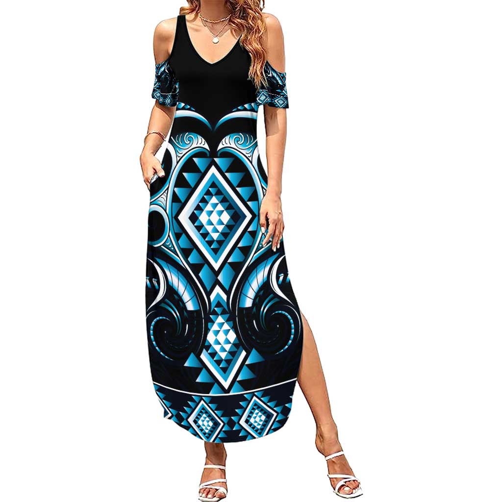 Blue Ngaru Taniko With Aotearoa Maori Tattoo Family Matching Summer Maxi Dress and Hawaiian Shirt