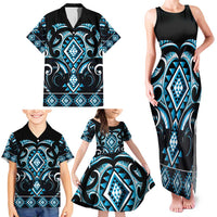 Blue Ngaru Taniko With Aotearoa Maori Tattoo Family Matching Tank Maxi Dress and Hawaiian Shirt