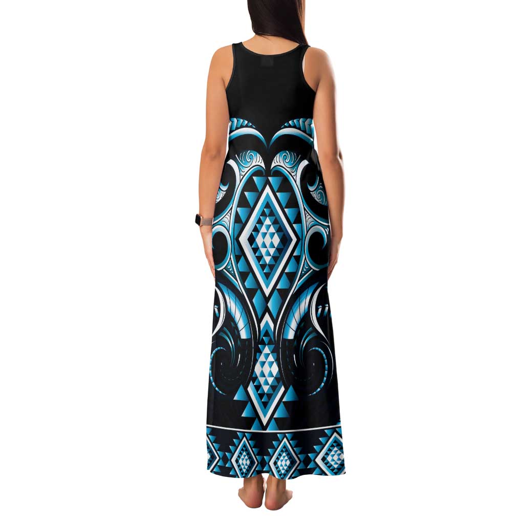 Blue Ngaru Taniko With Aotearoa Maori Tattoo Family Matching Tank Maxi Dress and Hawaiian Shirt
