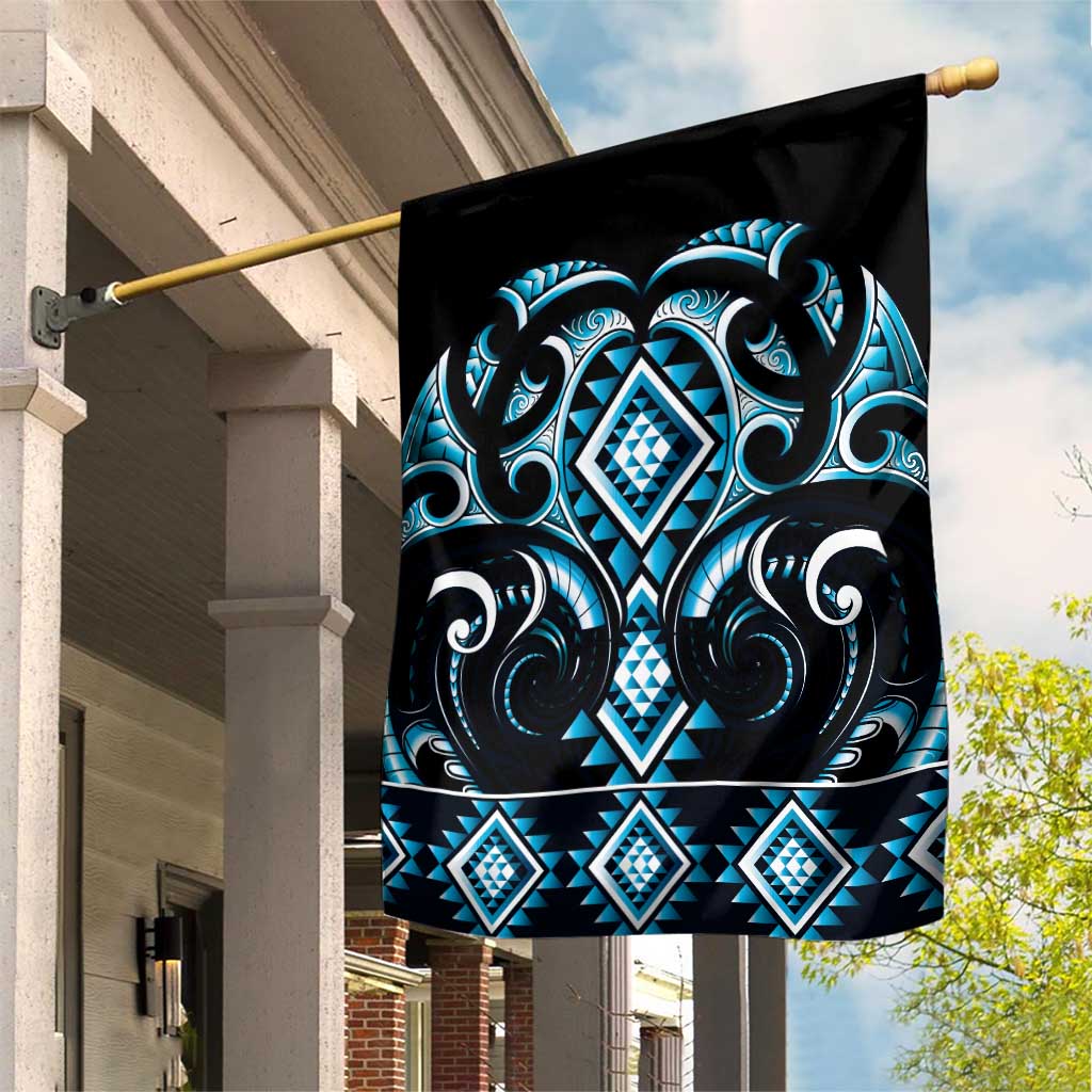 Blue Ngaru Taniko With Aotearoa Maori Tattoo Garden Flag LT14 House Flag Blue - Polynesian Pride