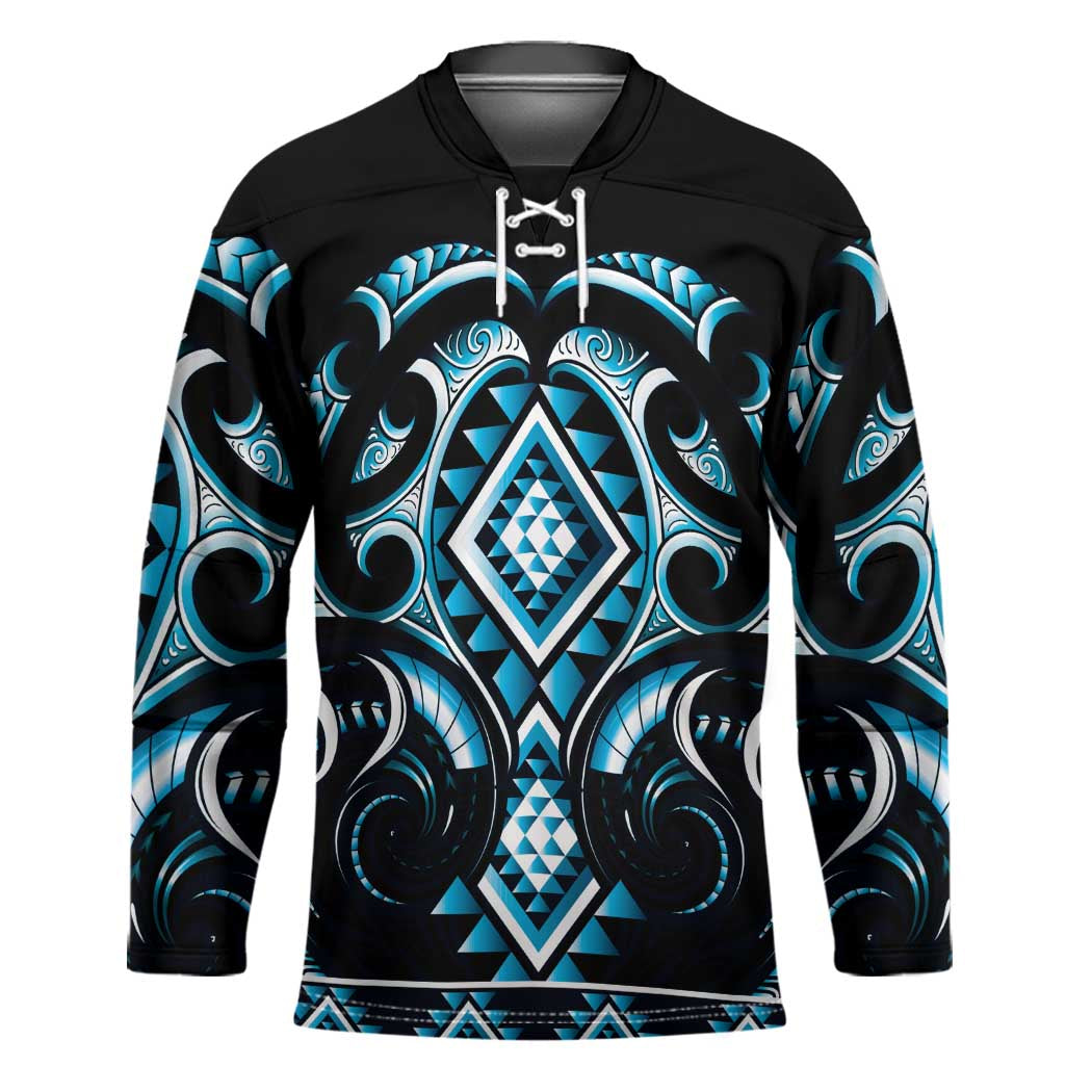 Blue Ngaru Taniko With Aotearoa Maori Tattoo Hockey Jersey - Polynesian Pride