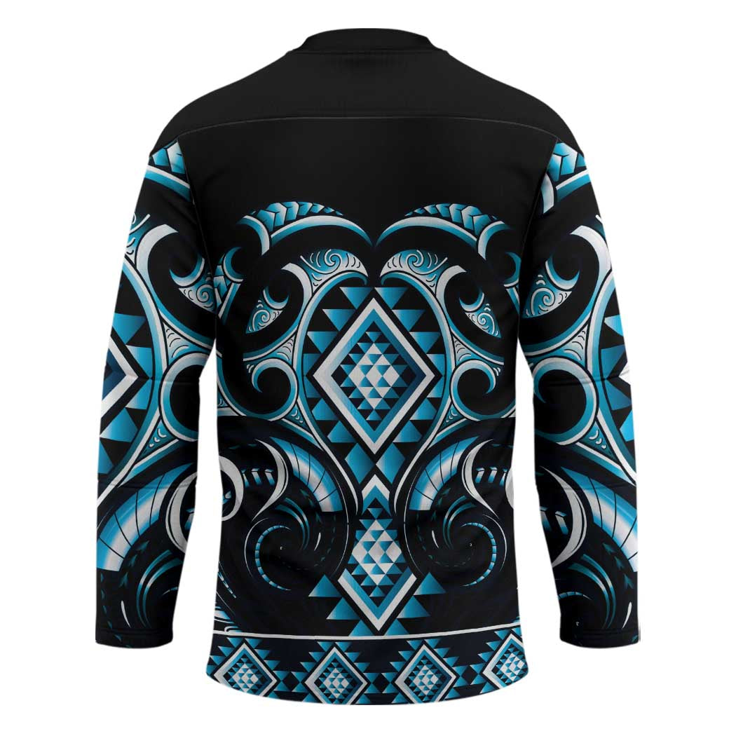 Blue Ngaru Taniko With Aotearoa Maori Tattoo Hockey Jersey - Polynesian Pride