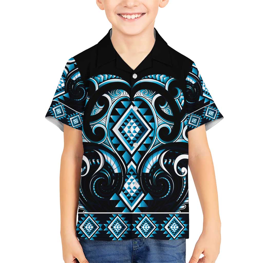 Blue Ngaru Taniko With Aotearoa Maori Tattoo Kid Hawaiian Shirt