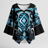 Blue Ngaru Taniko With Aotearoa Maori Tattoo Kimono Sleeve Blouse - Polynesian Pride