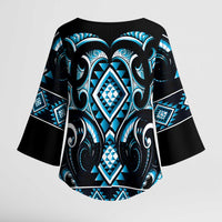 Blue Ngaru Taniko With Aotearoa Maori Tattoo Kimono Sleeve Blouse - Polynesian Pride