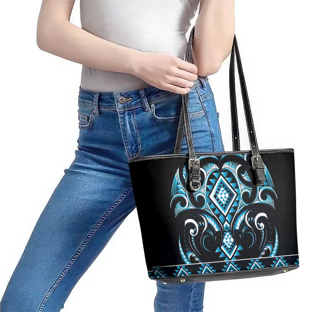 Blue Ngaru Taniko With Aotearoa Maori Tattoo Leather Tote Bag