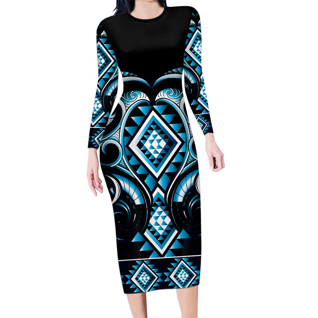 Blue Ngaru Taniko With Aotearoa Maori Tattoo Long Sleeve Bodycon Dress