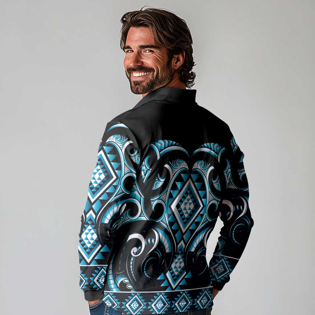 Blue Ngaru Taniko With Aotearoa Maori Tattoo Long Sleeve Polo Shirt