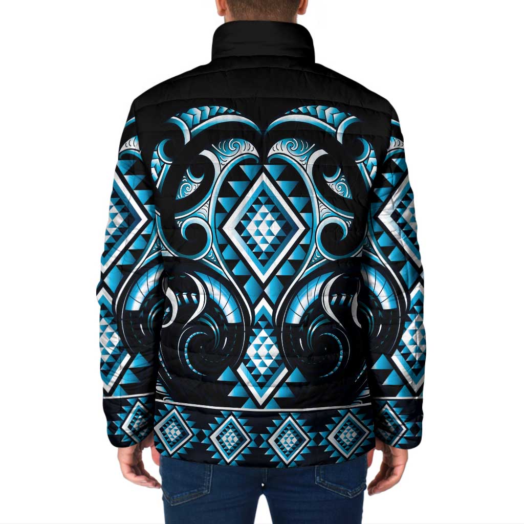 Blue Ngaru Taniko With Aotearoa Maori Tattoo Padded Jacket - Polynesian Pride
