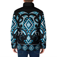 Blue Ngaru Taniko With Aotearoa Maori Tattoo Padded Jacket - Polynesian Pride