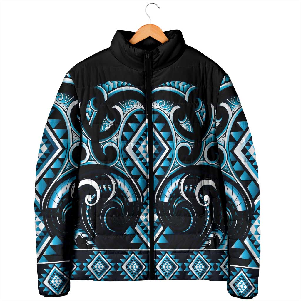 Blue Ngaru Taniko With Aotearoa Maori Tattoo Padded Jacket - Polynesian Pride