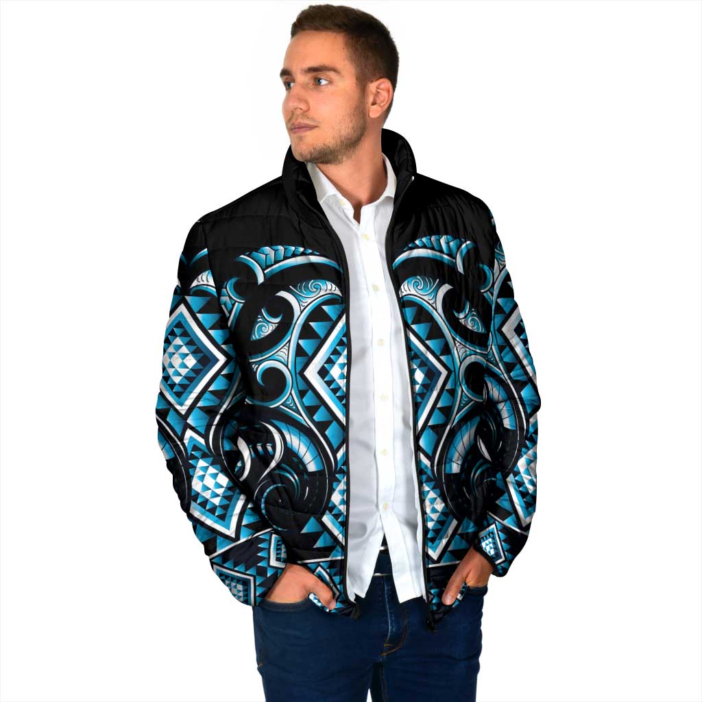 Blue Ngaru Taniko With Aotearoa Maori Tattoo Padded Jacket - Polynesian Pride